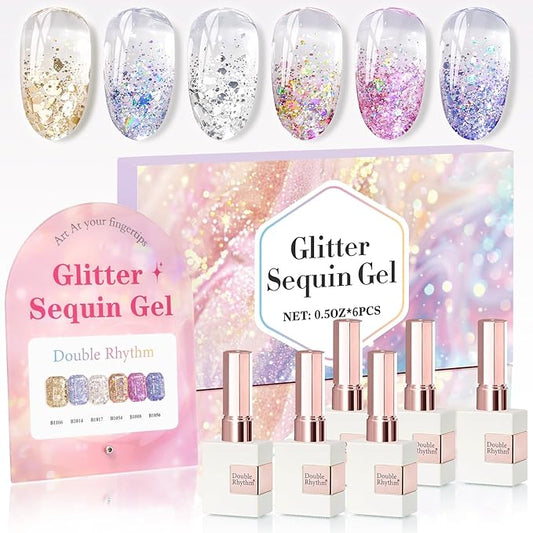 Double Rhythm 0.5 Oz Glitter Gel Polish Set of 6 Color with Display Board 15 ml Full Size Kit Shimmer Reflective Sparkle Soak Off Manicure Salon DIY at Home (Gold Blue Silver Purple Pink-T6-37)