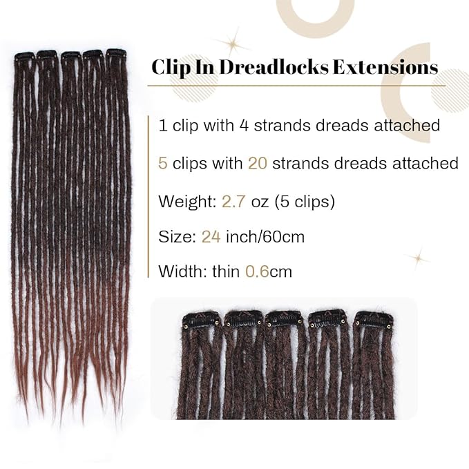 Ombre Auburn 5 Clips-In Dreadlock Extensions for Women, 24 inch Clips-In Synthetic Dreadlocks Hair Extensions with Double Ended Dreads Attached …