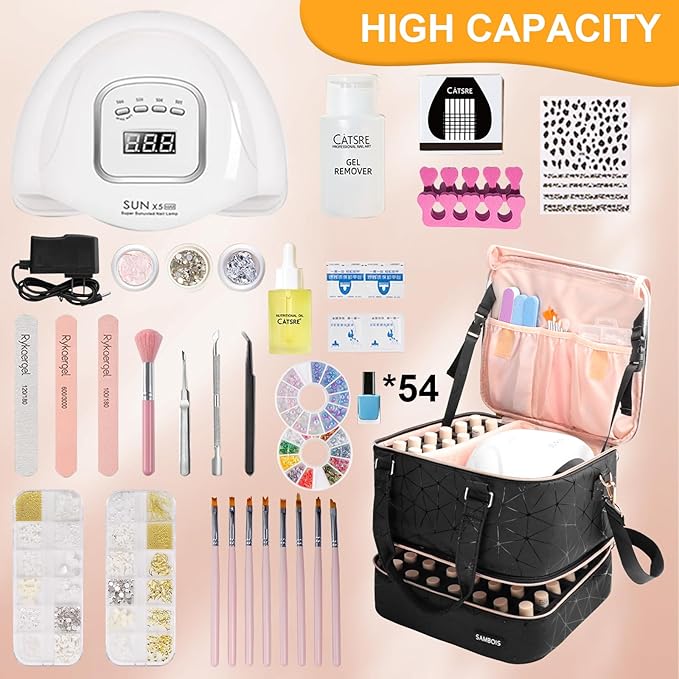 Nail Polish Organizer Bag Holds 54 Bottles (15ml/0.5 fl.oz)& Nail Lamp, PU Leather Nail Supplies Organizer with Holder& Shoulder Strap, Portable Travel Nail Kit Storage Carrying Case (Black)