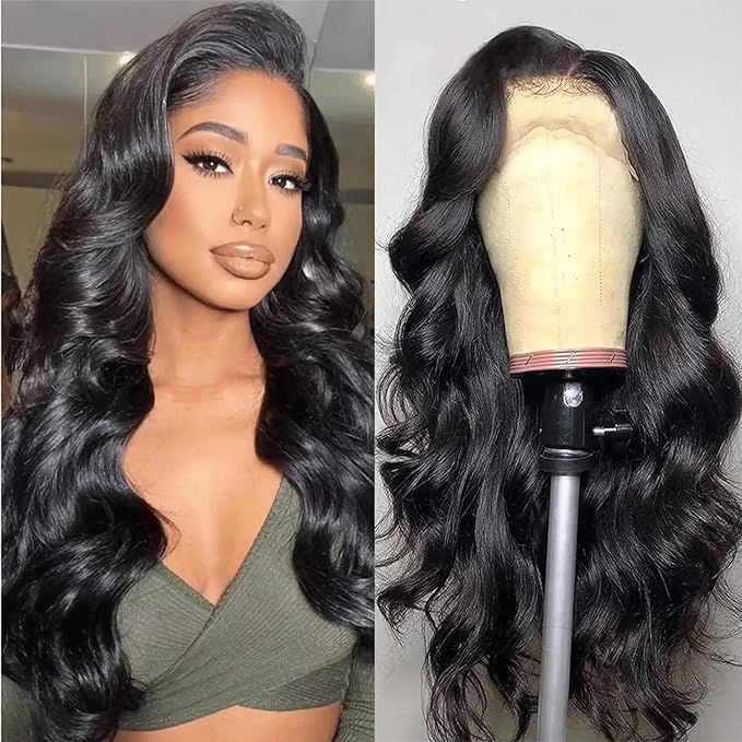 13x4 HD Lace Front Wigs Human Hair Glueless Wig Human Hair Pre Plucked 180 Density Body Wave Lace Frontal Wigs Human Hair for Black Women Natural Black Color 24Inch
