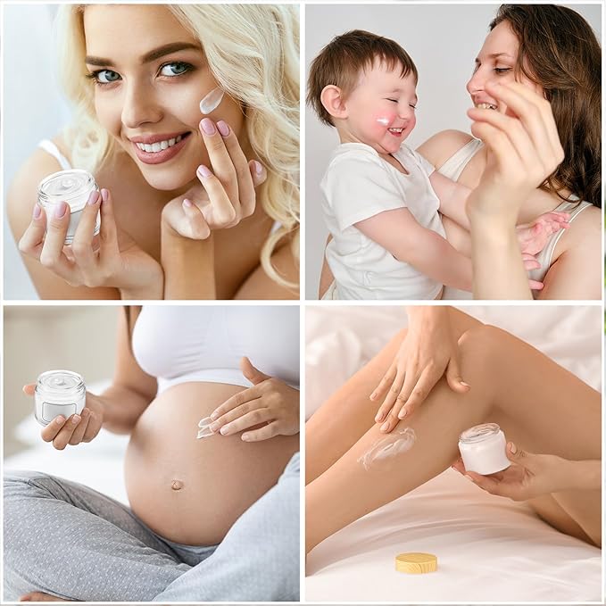 Layhit 12 Pcs Glass Jars with Lids Clear Small Jars with Plastic Woodgrain Lids, White Labels and Inner Liners Empty Round Cosmetic Containers for Creams Lotions Powder Candle Making (2oz/ 60ml)