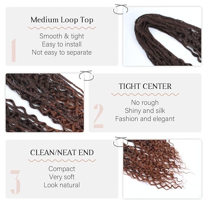 24 Inch DE Dreadlock Extensions Sets, 20 Strands 3 In 1 Mixed Synthetic Dreads Extensions, Ombre Auburn Straight&Curly&Boho Handmade Dreads Hippie Style Dreadlocks for Woman