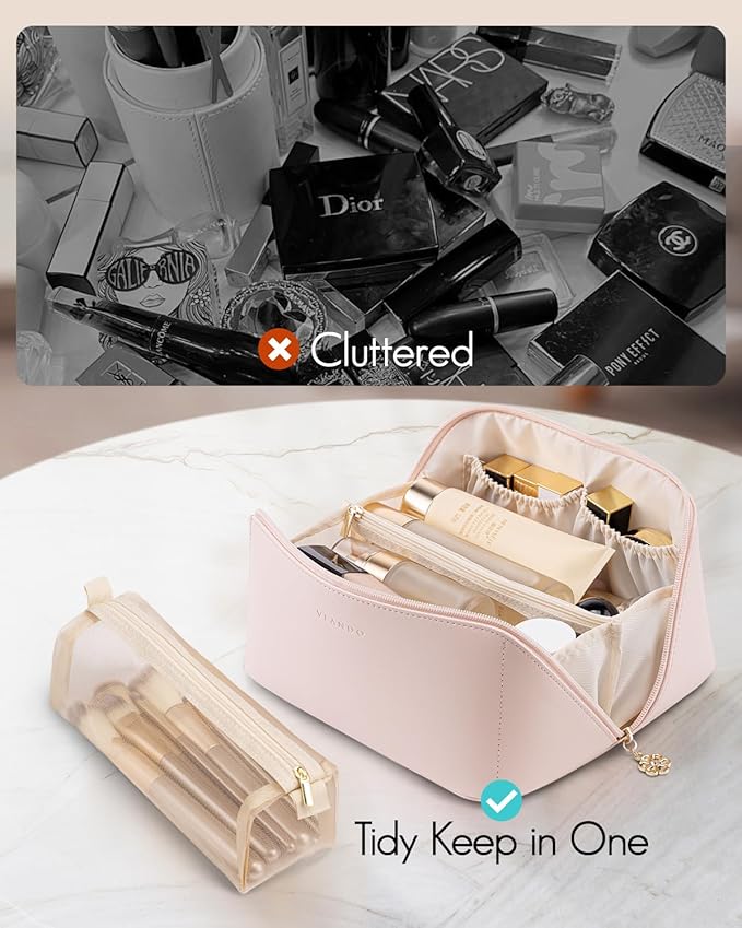 Vlando Makeup Travel Bag, PU Leather Portable Make up Organizer Bag Open Flat Toiletry Bag with Handle and Divider Gifts for Traveler Women Girls Apricot White