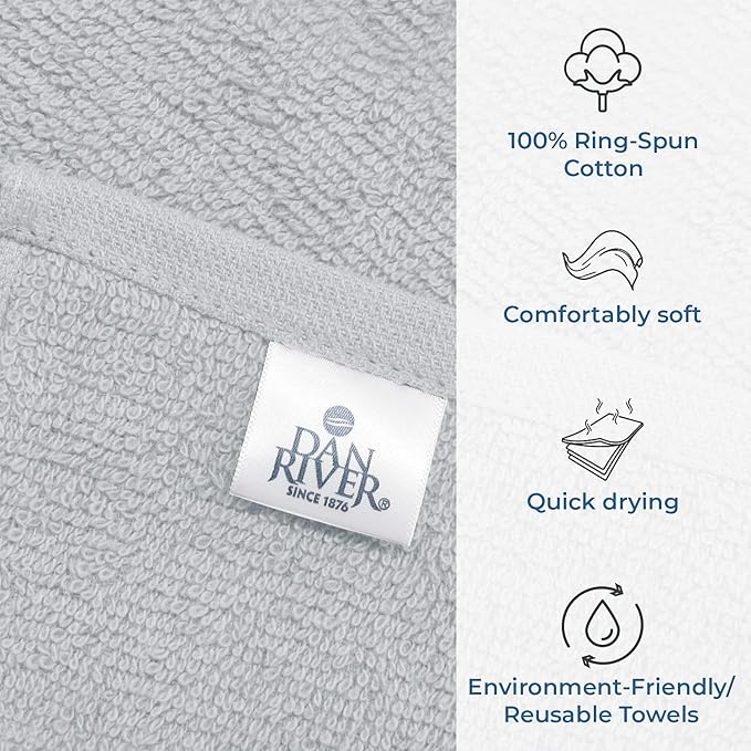 DAN RIVER 100% Cotton Washcloths 24 Pack Premium Quality Face and Body Cloth, Quick Dry Essential Towels for Bathroom, Hand, Kitchen & Cleaning, Baby Washcloths | 12X12 in | 400 GSM | Silver