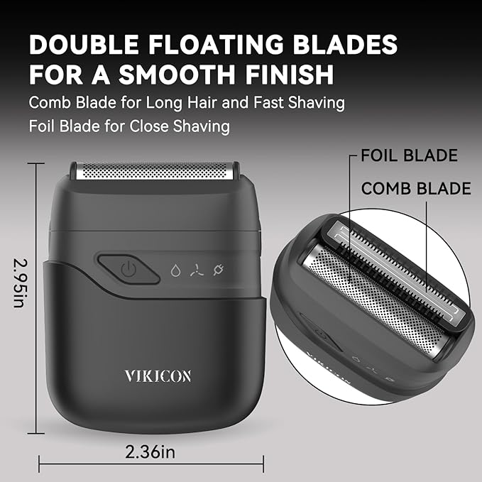 VIKICON® Electric Foil Shavers for Men, Compact Travel Face Shaver, Mini Razor for Shaving Face, Portable On-The-Go Shaver w/Dual Floating Blades, Close Shave Stubble Trimmer USB-C, Gifts for Dad Him