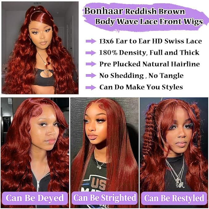 30 Inch Reddish Brown Lace Front Wigs Human Hair 13x6 Body Wave Lace Front Wig 180% Density 33# Lace Frontal Wigs Human Hair Pre Plucked with Baby Hair for Women Auburn Brown Human Hair