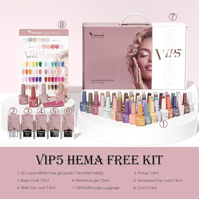 V VENALISA VENALISA VIP5 Hema Free Gel Nail Polish Set 65Pcs, 60 Colors Sparkle Jelly Pure Color Gel Polish Kit with Base Gel Top Coat Nails Manicure Gifts for Her Salon at Home