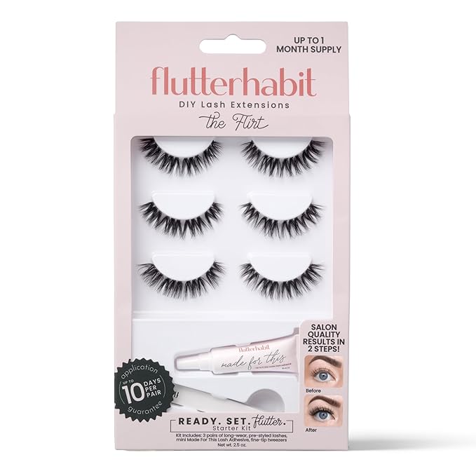 FlutterHabit Flirt Ready Set Starter Kit, DIY Eyelash Extensions, Lash Clusters for Women, Professional Quality At Home Eyelash Extension Kit, Natural False Lashes, 3 Lash Sets, Lash Glue Included