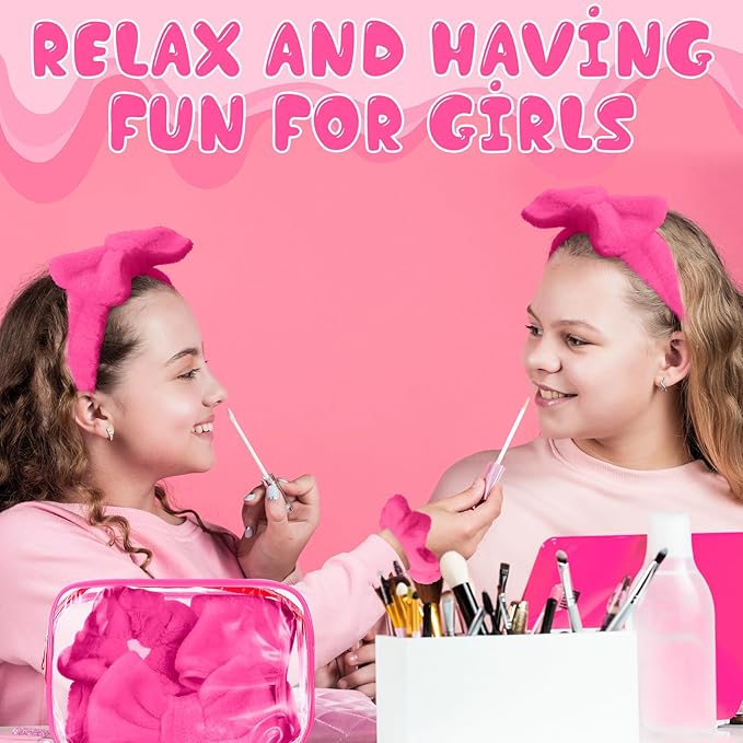 24 Pieces Sleepover Party Supplies Spa Party Favors 6 Spa Headband 6 Velvet Scrunchies 6 Makeup Remover Cloth 6 Clear Cosmetic Bags for Slumber Gift(Rose Red)