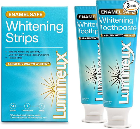 Lumineux Whitening Starter Set – Peroxide Free - Enamel Safe for Whiter Teeth – Includes 7 Whitening Treatments & 2 Pack Whitening Toothpaste, Fluoride Free & Dentist Formulated