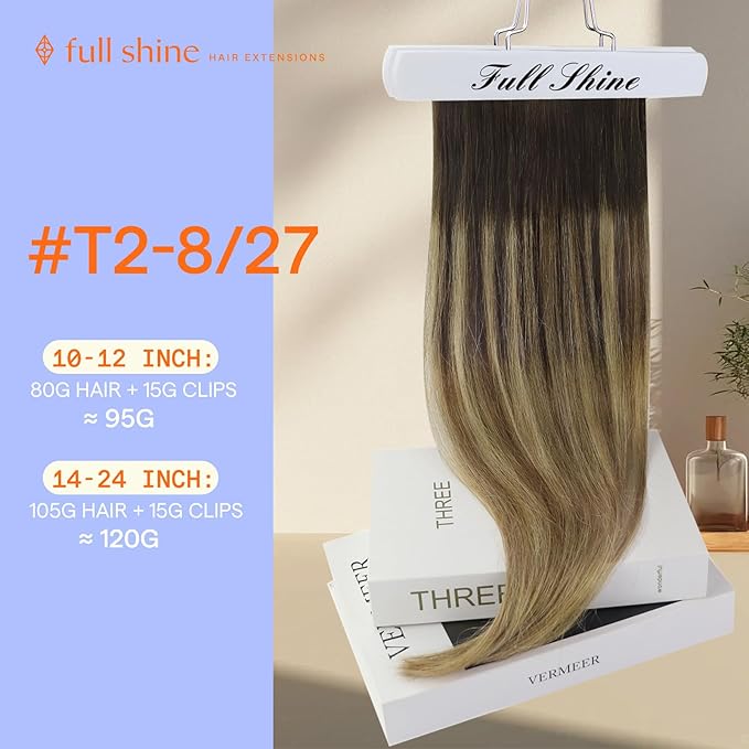 Full Shine Real Human Hair Extensions Clip ins Brown Balayage Clip on Hair Extensions Human Hair Dark Brown Ombre Caramel Blonde Natural Hair for Women 18 Inch 7 Pcs 120 G