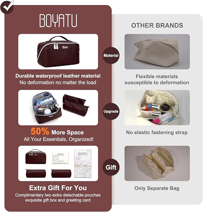 BOYATU Travel Makeup Bags for Women: Large Cosmetic Bag with Compartments - Vegan Leather Make up Bag Set of 3 - Compact Toiletry Organizer for Traveling (L14 Wine red)