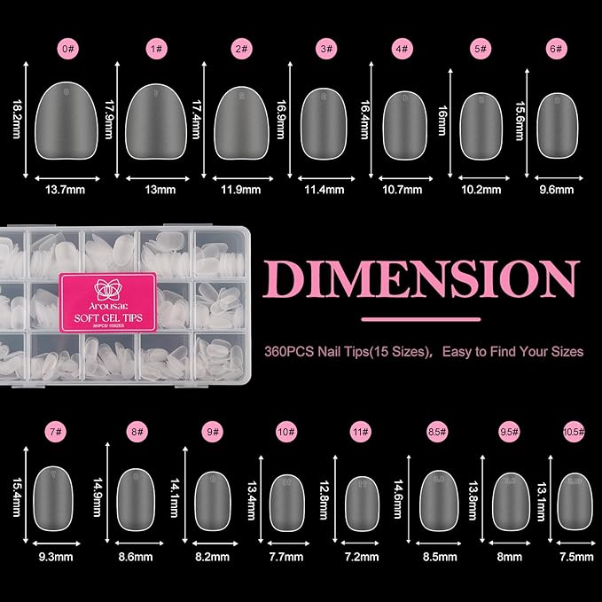 Short Oval Nail Tips, 360pcs Clear Acrylic Nail Extension Set in 15 Sizes, Matte Short Oval Full Cover Press on False Nail Tips for Nail Art, Spring Summer DIY Salon Gift