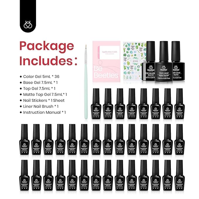 Beetles Pastel Gel Nail Polish Set 36 Colors Pink White Glitter with Base Matte and Glossy Top Spring Gel Polish Set Soak off UV Led Spring Gel Polish Holiday Nail Art for Women