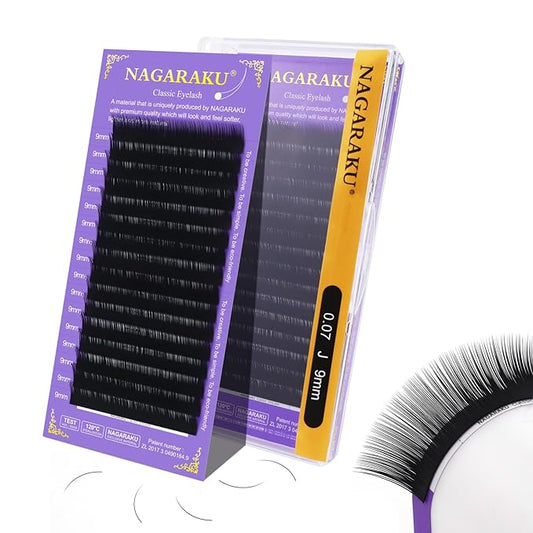 NAGARAKU Eyelash Extensions Individual Lashes Extensions Classic Lash Matte Black 16 Rows Soft Natural Matte Black Professional Beauty Salon Lash Supplies -0.07J 9mm