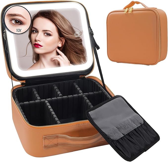 Travel Makeup Bag Cosmetic Bag Make up Organizer Bag with Large Lighted Mirror 3 Color Modes Adjustable Brightness, Waterproof PU Leather Makeup Travel Case Makeup Train Case Toiletry Gift Accessories