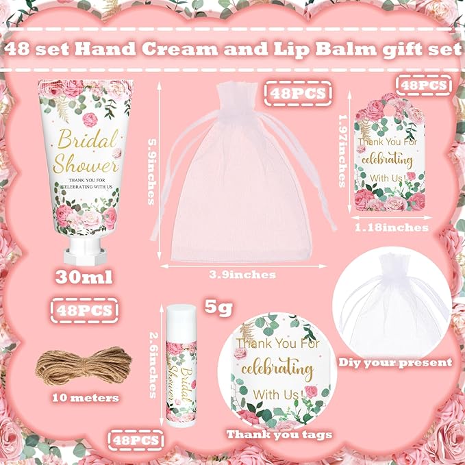 48 Sets Hand Cream and Lip Balm Baby Shower Gifts Set Party Favor Bridal Wedding Gifts for Guests with Thank You Cards Organza Bags Tags for Guests Women