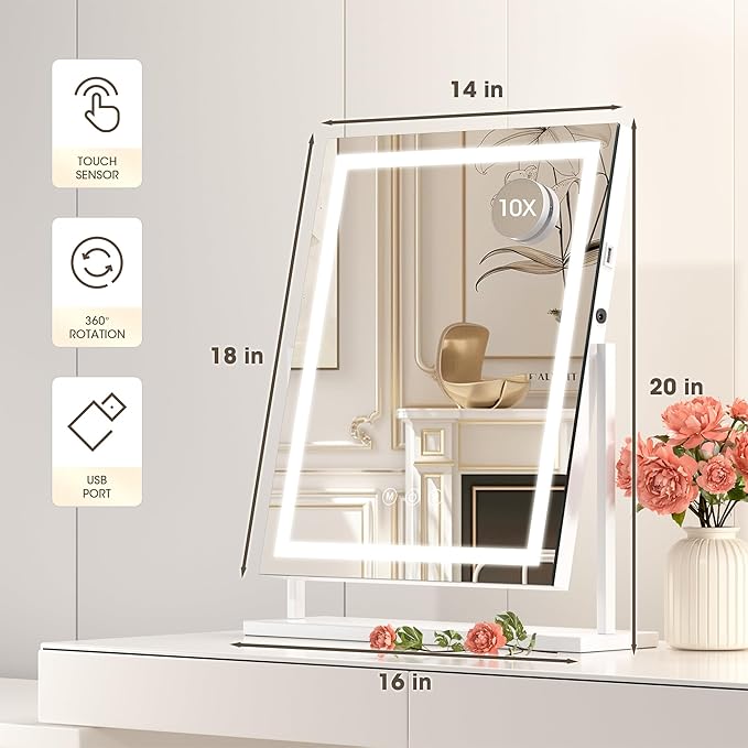 Hasipu Vanity Mirror with Lights, 16" x 20" LED Makeup Mirror, Light up Mirror with Smart Touch 3 Color Modes and Brightness Adjustment, 10X Magnifying Glass,360° Rotation