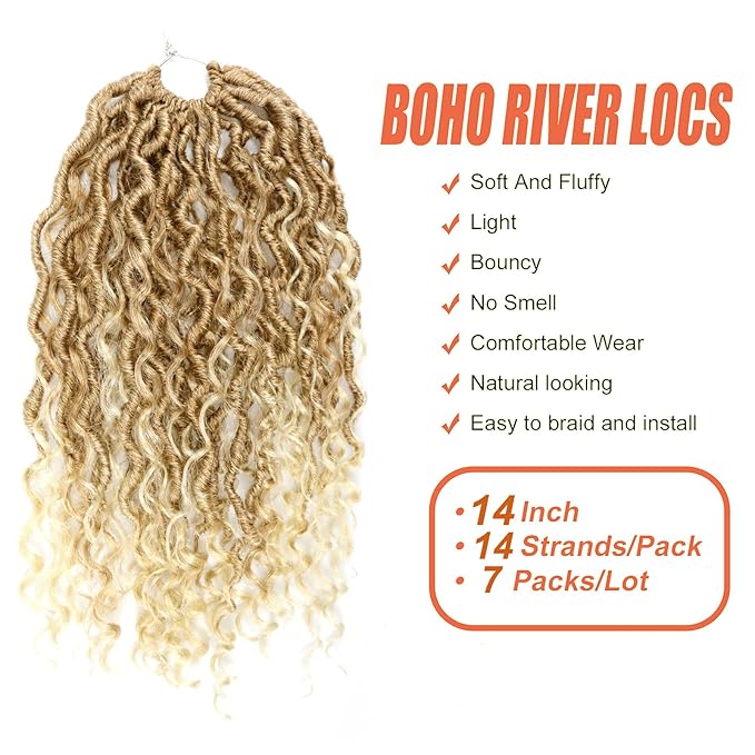Aipin Goddess Locs Crochet Hair 14 Inch Boho River Locs Hippie Locs Wavy Crochet With Curly Hair In Middle And Ends Braids Hair Extensions (7Packs,14 inch,T27/613)
