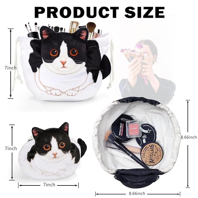 Drawstring Makeup Bag, Cat Makeup Bag, Travel Makeup Organizer, Cosmetic Pouch Bag, Cat Gift for Women, Lay Flat Makeup Bag Gifts for Cat Lovers(2-Pack)
