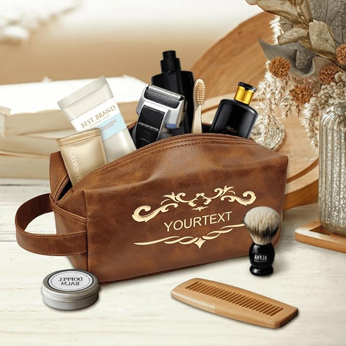 Personalized Toiletry Bag for Men - Custom Engraved Leather Travel Organizer, Waterproof Dopp Kit & Gifts for Dad, Husband, Boyfriend