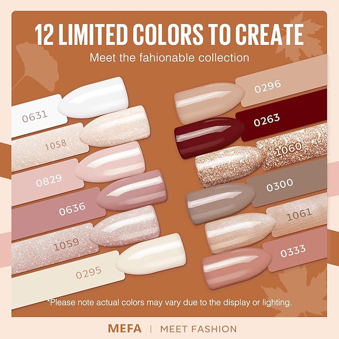 MEFA Gel Nail Polish Set, 12 Colors Champagne Gold Glitter Gel Polish Set Burgundy Red Nail Polish Soak Off Dark Red Brown Shimmer Nude Pink Gifts for Women Girl DIY Salon Home Manicure