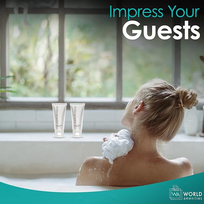 Bodyography blanc- Bulk Body Wash | 300 Count, 1.4oz | Vanilla White Tea, Mini Travel Size Toiletries (100% Recyclable Tube with Flip Top Cap) Hotel Amenities.