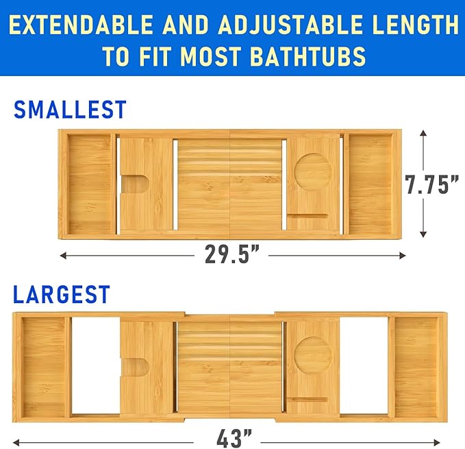 Foldable Bathtub Tray Expandable to 109cm with Bath Bomb and Scented Candle, Adjustable, Waterproof Bamboo Bathtub Caddy with Anti Slip Grip Pads for Home Spa