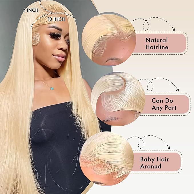 613 Lace Front Wig Human Hair 30 inch Blonde Wig Human Hair 13x4 Straight Lace Front Wig 200 Density Pre-Plucked with Baby Hair HD Lace Frontal Wig for Women Natural Hairline