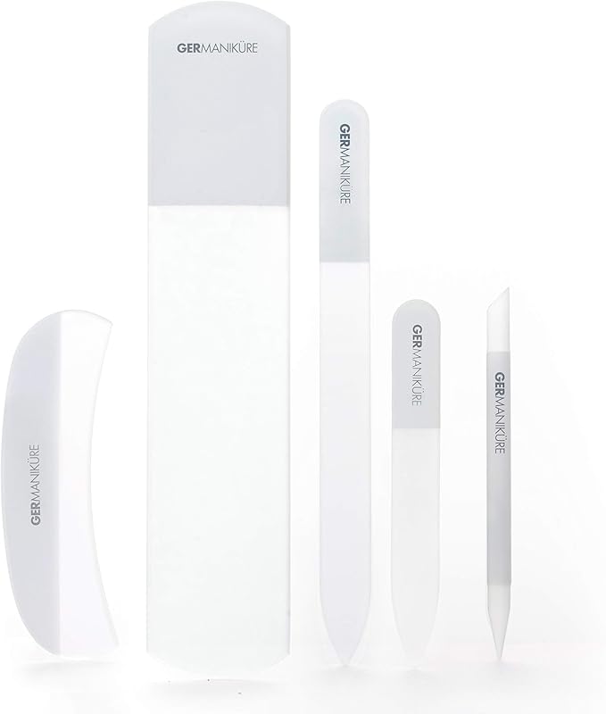 GERMANIKURE 5 Pc Gray Glass Nail File Set with Suede Sleeves – Handmade in Czech Republic – Glass Cuticle Stick, Pusher, Callous Remover, Pedicure Bar – Professional Manicure & Pedicure Files