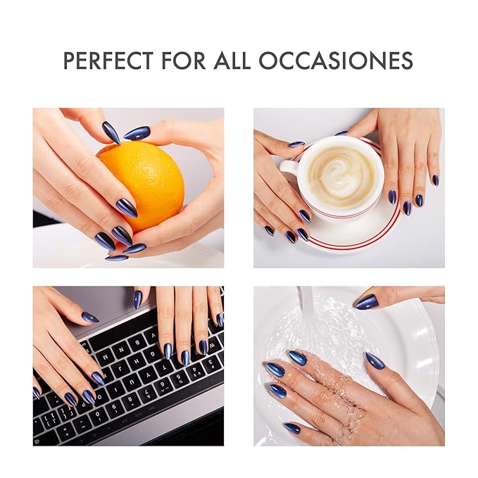 Press on Nails Short Almond - Blue Cat Eye Chrome Nails Kit, Reusable Gel Fake Nails with Nail Glue & Nail File - 32 PCS in 16 Sizes (Limited Edition Mini Pack)