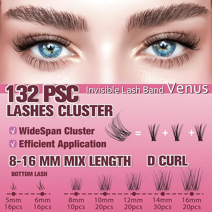 Venus Lash Clusters 8-16mm with 5-6mm Bottom Lashes Natural Eyelash Clusters D Curl -WideSpan DIY Eyelash Extension Individual Fake Eyelashes Clusters with 0.05mm Ultra-Thin Invisible Lash Band