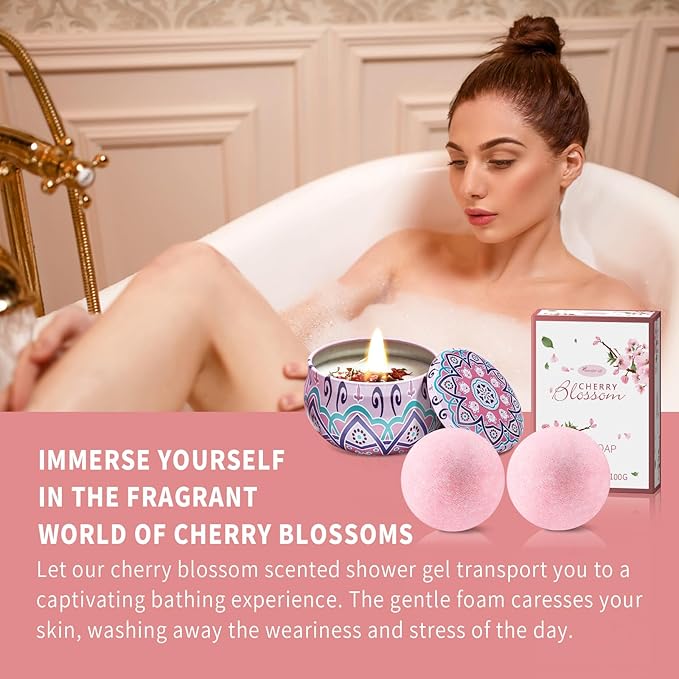 Bath and Body Gift Set for Women - Luxurious Home Spa Gift Set, Japanese Cherry Blossom Scented 7-Piece Set Including Shower Gel, Body Lotion, Bath Oil, Bath Salt, Soap, Bath Bombs, and Candle