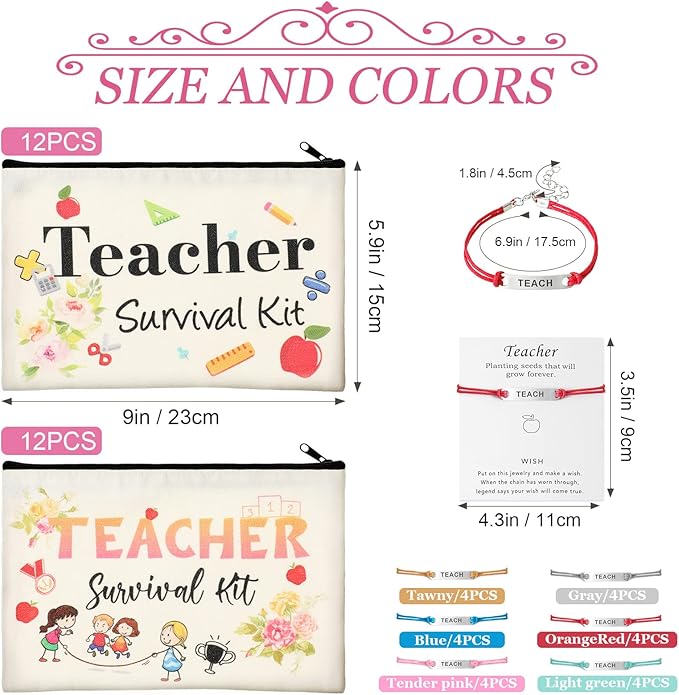 48 Pieces Teacher Appreciation Present Set, 24 Pieces Teacher Survival Kit Makeup Bag Pouch, 24 Pieces Teacher Blessing Card Bracelet, Teacher Cosmetic Bag Kit for Graduation Party