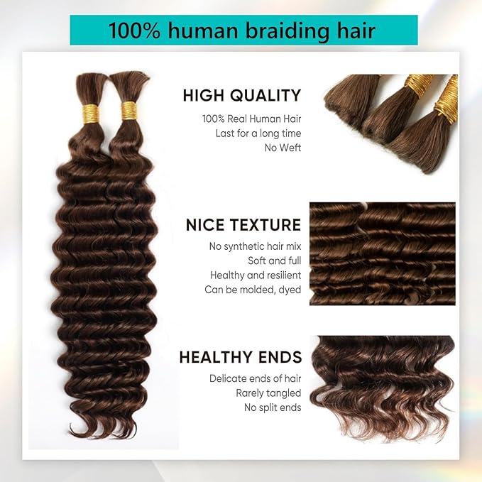 Chocolate Brown Human Braiding Hair for Boho Braids #4 Deep Water Wave Bulk Human Hair 110g 22 Inch Curly Human Hair Extensions Wet and Wavy Braiding Hair No Weft 2 Bundles/Pack