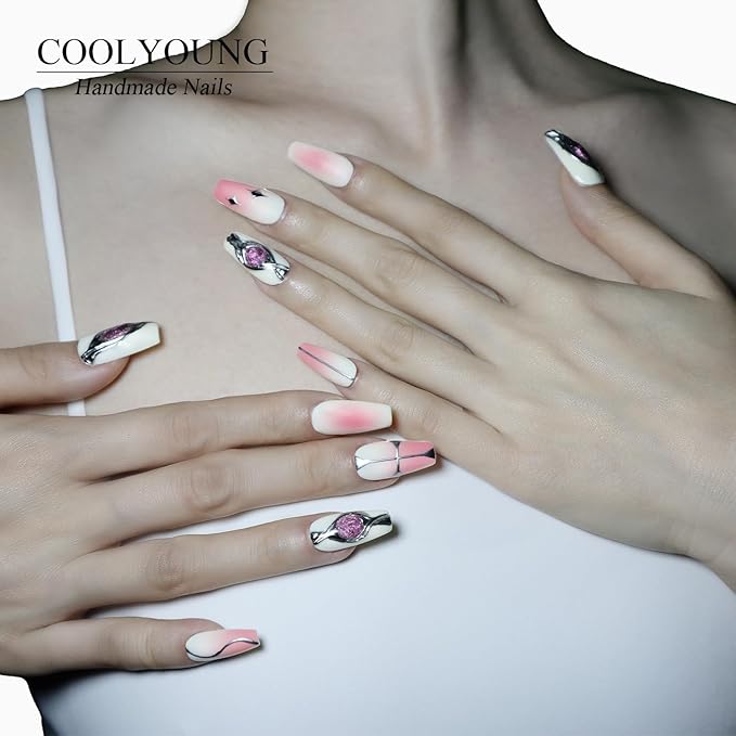 Handmade Press On Nails, Pink Press On Nails, 3D Nails, Nailphoria Press Ons, Gifts for Women, Coffin Press On Nails, Stick On Nails For Women, Acrylic Nails, COOLYOUNG Nails, 10 PCS, Size M