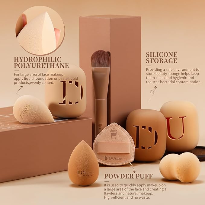 DUcare Makeup Brushes 14Pcs Coffee Series Makeup Brush set with Makeup Sponges Valentines Day Christmas Gifts Foundation Blending Face Powder Blush Eye Shadows Brushes