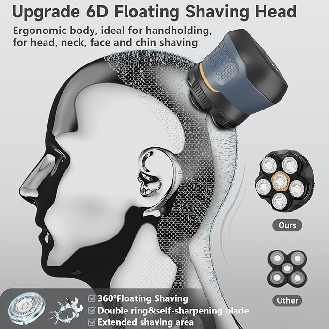 Head Shavers for Bald Men, 6D Electric Razor for Men Wet & Dry IPX6 Waterproof Head Shave, LED Display Rechargeable Rotary Razor with Type-C Charging, Removable Magnetic Shaving Head