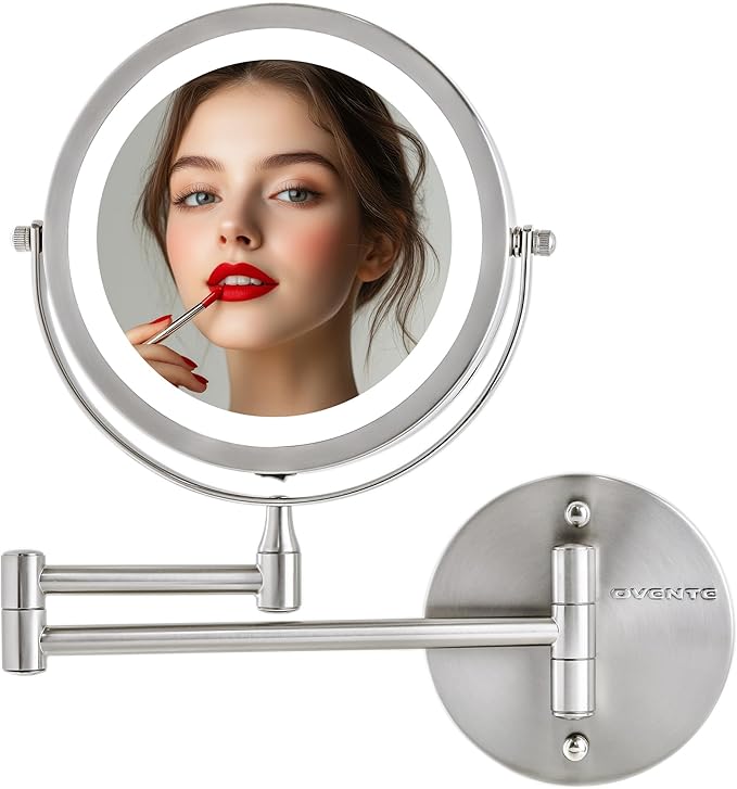 OVENTE 7" Lighted Wall Mount Makeup Mirror with 1X/10X Magnification, Cordless Double Sided Magnifying Round Vanity Mirror, 360° Swivel Design, Extendable and Folding Arm, Nickel Brushed MFW70BR1X10X