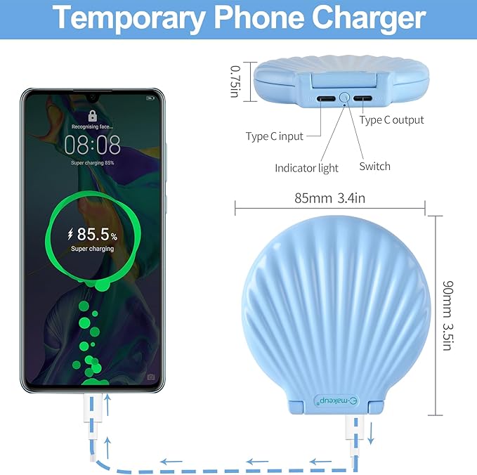 for Mom - Shell Compact Mirror Led Lighted, Magnifying Travel Mirror 10x 2X, Unbreakable Pocket Mirror for Women, Unique Mirror for Purse, Gifts for Birthday Holiday, Blue Color