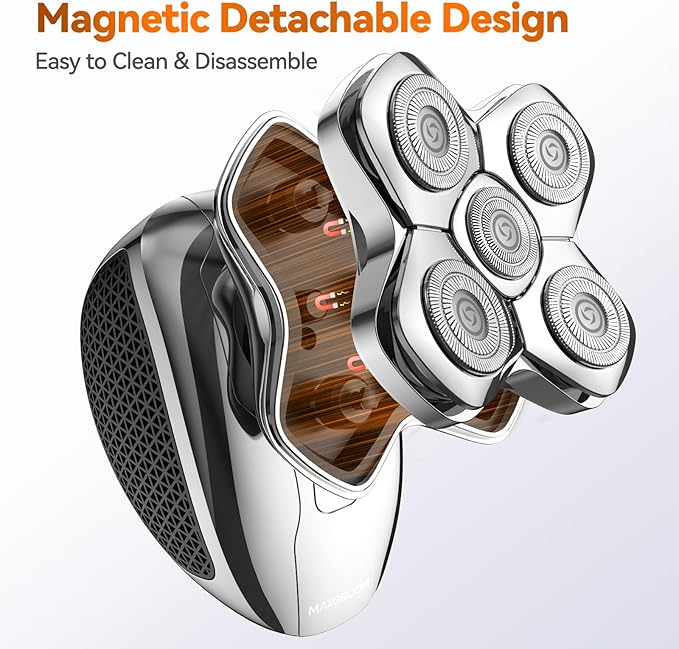 Head Shavers for Bald Men, MAXGROOM 5 in 1 Waterproof Head Razor for Men with LED Display, Travel Pouch, USB Rechargeable & Magnetic Detachable, Silver