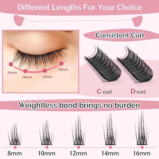 Lash Clusters, 72 Pcs Individual Cluster Lashes DIY Lash Extension 8-16mm Eyelash Clusters Volume Wispy Lashes Super Thin Band Reusable Soft & Comfortable（Pleasure,D-10）