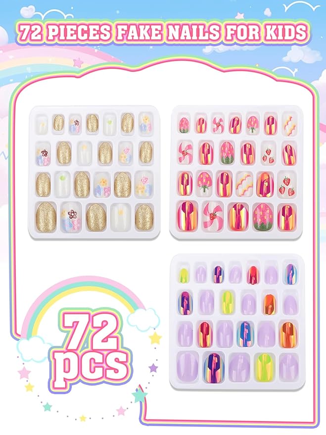 72 Pieces Press on Nails for Kids, EBANKU 3 Pack Kid Fake Nail Kit Pink Purple Gold Strawberry Flower Press on Nails for girls 8-12 Years with Jelly Nail Adhesives