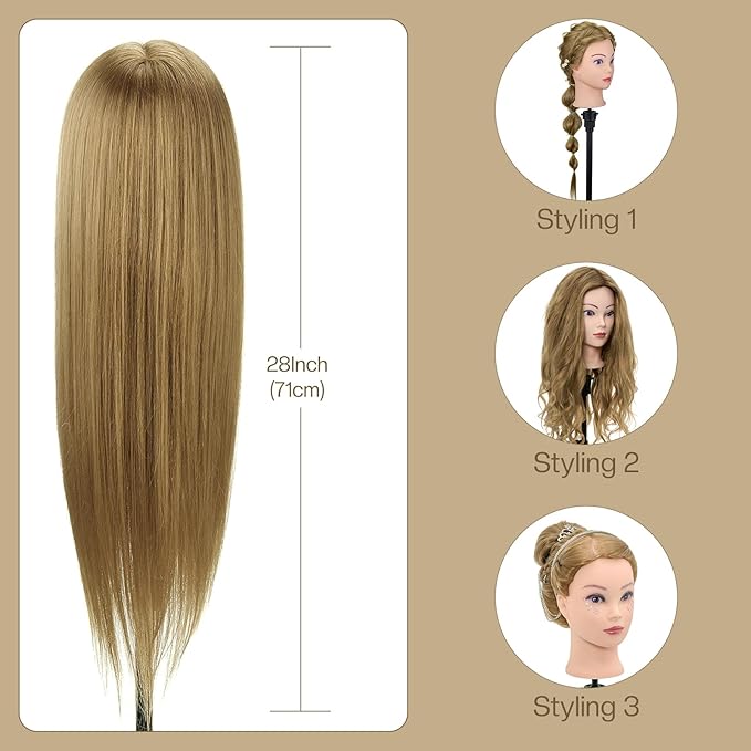 28 Inch Mannequin Head 60% Human Hair with Tripod Stand,Mannequin Cosmetology Manikin Practice Doll Head with stand,Braiding Hairdressing Head for Hair Styling with Table Clamp + DIY Hair Styling Set