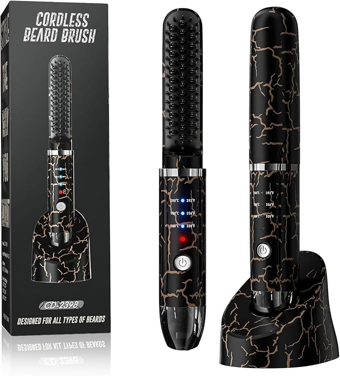 Beard Straightener for Men, Cordless Heated Beard Brush, Portable Beard Hot Combs, Ionic Mini Hair Straightener with 3 Temp Settings, Coarse & Curly Hair Brush, Grooming Kit for Men
