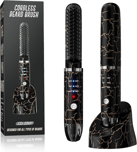 Beard Straightener for Men, Cordless Heated Beard Brush, Portable Beard Hot Combs, Ionic Mini Hair Straightener with 3 Temp Settings, Coarse & Curly Hair Brush, Grooming Kit for Men