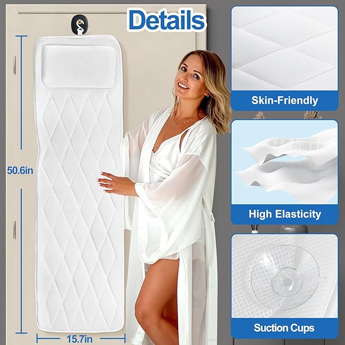 Full Body Bath Pillow for Bathtub, Thick Bath Pillow for Tub with Non-Slip Suction Cups, Bathtub Cushion with Pillow, Luxury Tub Pillow for Bath, Headrest Neck and Back Support, 5D Air Mesh
