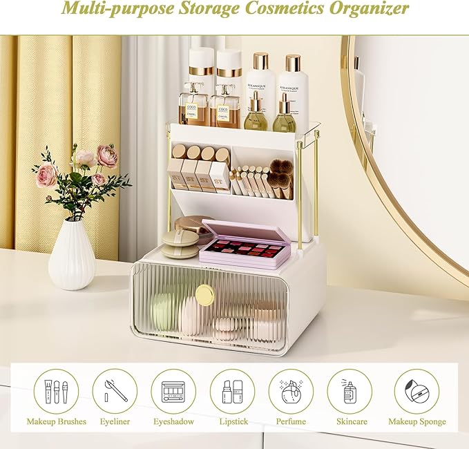 Makeup Organizer with Storage Drawer,Cosmetic Display with Lipsticks Brush Holder Perfume Tray,Organize Cosmetics and Beauty Supplies for Vanity,Dresser,Bathroom,Desktop Organizer,Clear
