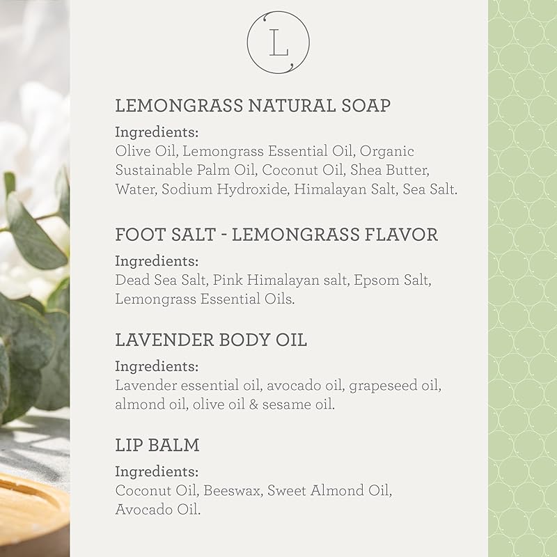 Lizush Lemongrass 6-Piece Spa Gift Set for Women - Relaxing Self-Care Basket, Luxury Handmade Body Care Items for Premium Relaxation - Mom - Handmade in the USA