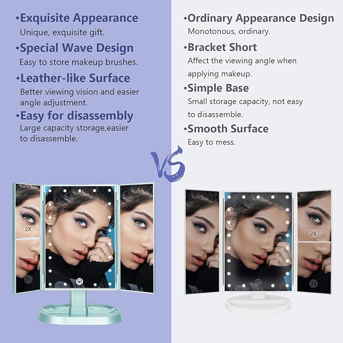 deweisn Trifold Lighted Vanity Makeup Mirror with 21 LED Lights,1x/2x/3x Magnification Touch Screen Dimming,Two Power Supplies Makeup Mirror, Gift for Women
